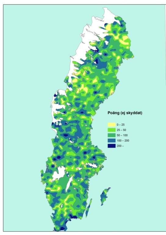 Figur 3. Karta som visar fördelningen av poängsatta provytor utanför formella avsättningar.