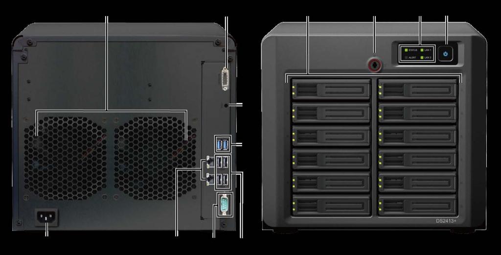 En översikt av Synology DiskStation Nr. Namn Plats Beskrivning 1) Strömbrytare Framsida Strömknappen används för att slå på eller stänga av Synology DiskStation.