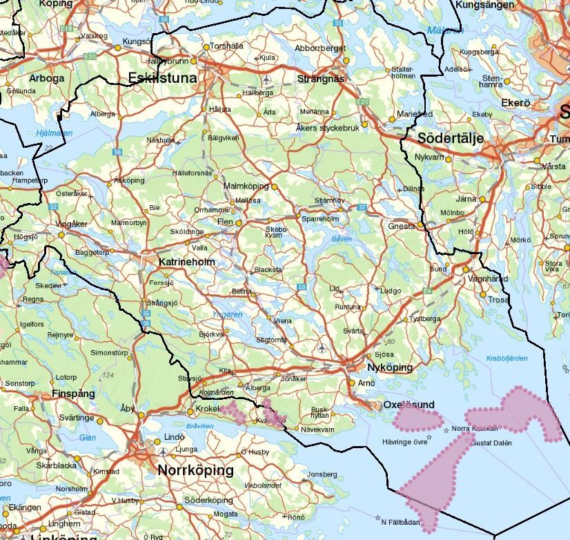 Figur 1 - Riksintresseområden för vindbruk i Södermanland.