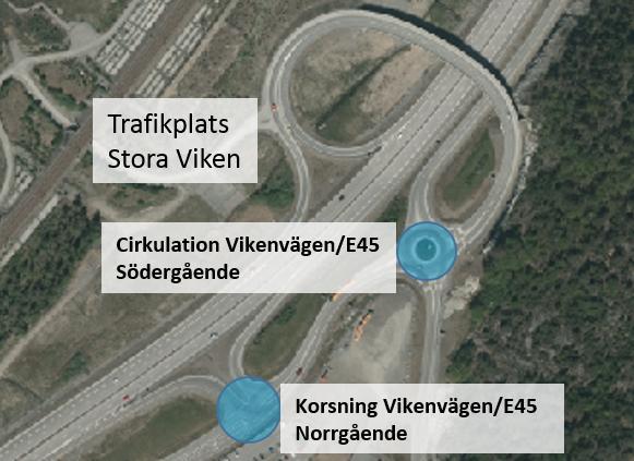 Figur 3 Översikt trafikplats Stora Viken samt lokalisering av i kapacitetsutredningen studerade korsningspunkter Beräknade trafikflöden i korsningspunkterna har hämtats ur trafikmodellen från de