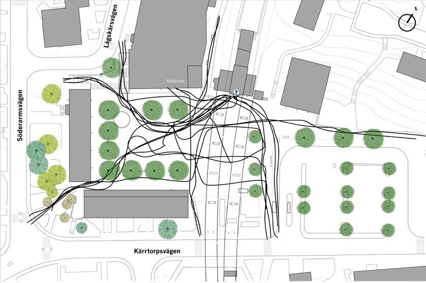 Figur 4: Planskiss av Nyréns arkitekter med modifikation av Sophie Linderoth samt rörelsemönster av Sophie Linderoth. För ändringar se figur 4.