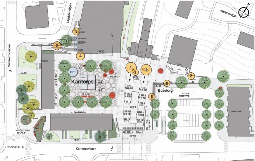 5. Vägpollare har placerats uppe på Lågskärsvägen samt vid entrén vid busstorget. Figur 19: Översikt av placering. Planskiss av Nyréns arkitekter med modifikation av Sophie Linderoth.