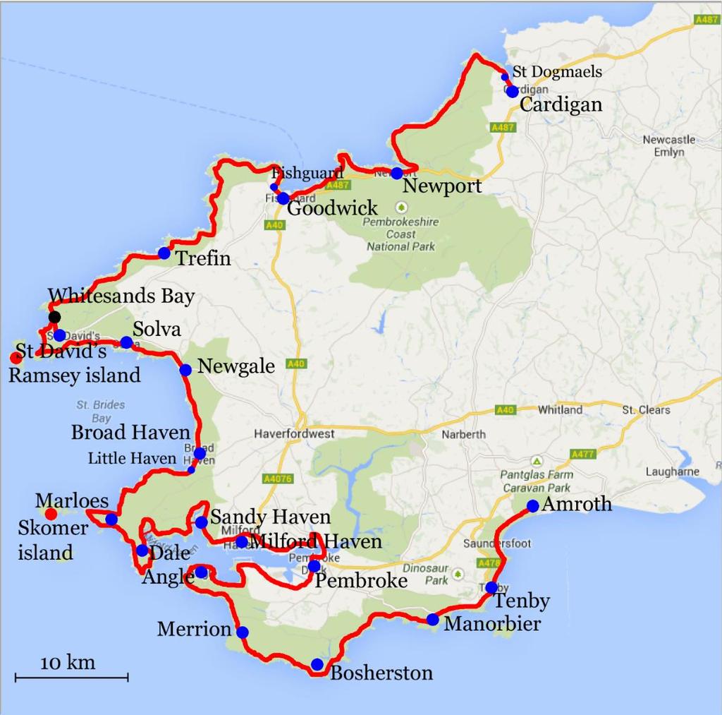 Pembrokeshire Coast Path, Amroth Pembroke, 7 nätter 7(7) Pembrokeshire Coast Path År 1952 fick Pembrokeshires kust utmärkelsen Nationalpark, och då föreslog naturälskaren Ronald Lockley en lång
