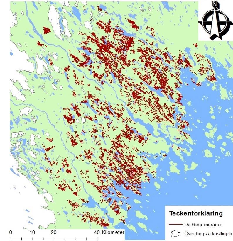 3 Resultat 3.1 Förekomsten av De Geer-moräner i området Totalt har det på LiDAR-bilderna hittats 14 651 DG-moräner i undersökningsområdet (figur 3).