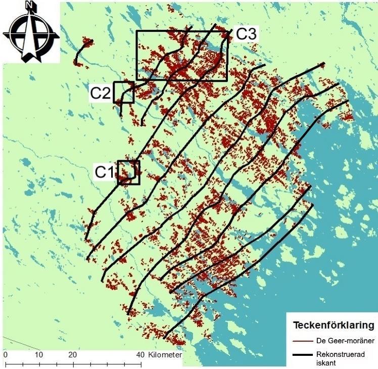 3.3.2 Rekonstruktion av iskantens läge under avsmältning Iskantens läge har rekonstruerats genom att binda samman DG-moränerna (figur 7).