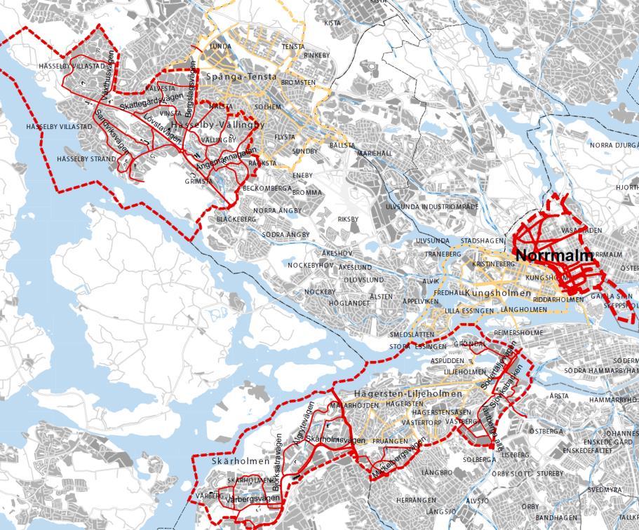 Figur 1. De granskade områdena för splan del 2, Skärholmen, Liljeholmen samt Hässelby- Vällingby. Norrmalm tillkom också.