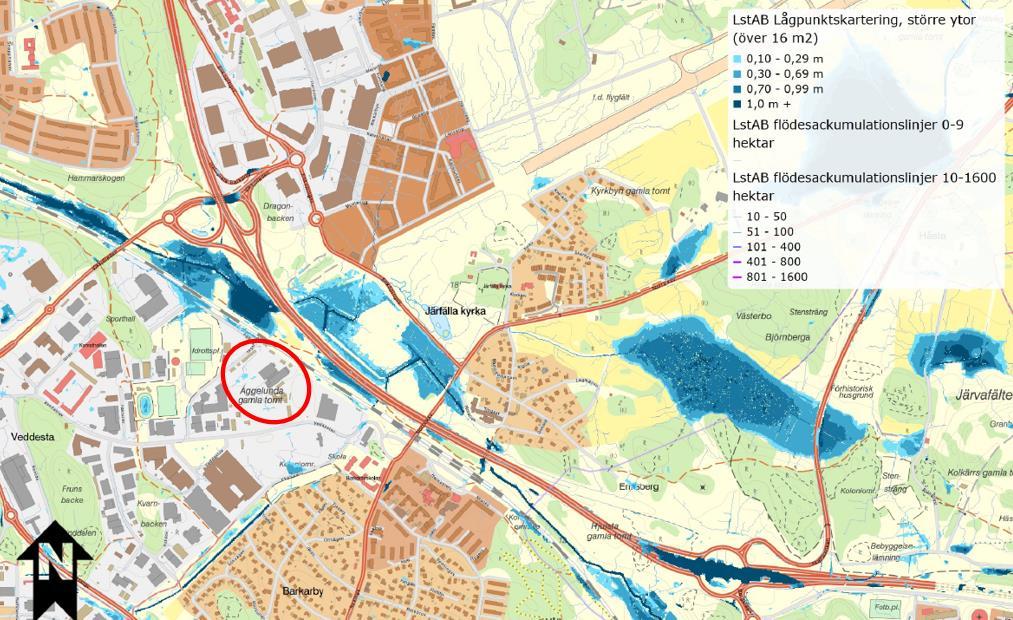 Enligt Länsstyrelsen finns det en lågpunkt i den västra delen av planområdet, se figur 6 nedan. Figur 6. Lågpunktskarta.