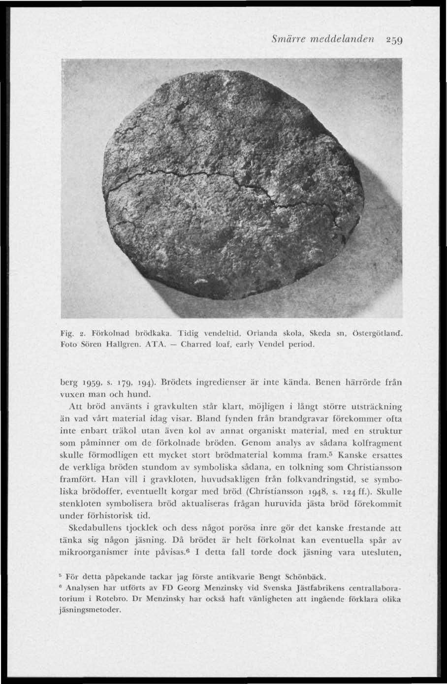 Smärre meddelanden 259 Fig. 2. Förkolnad brödkaka. Tidig vendeltid, Orlanda skola. Skeda Foto Sören Hallgren. ATA. Charm! loaf, early Vendel period. Östergötland. berg 1959, s. 179, 194).
