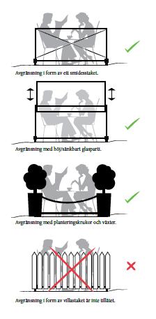 13(17) AVGRÄNSNINGAR OCH GOLV Uteserveringar ska avgränsas med smidesstaket i en lätt konstruktion, stadsmässiga planteringslådor eller liknande anordning som håller en stadsmässig karaktär.