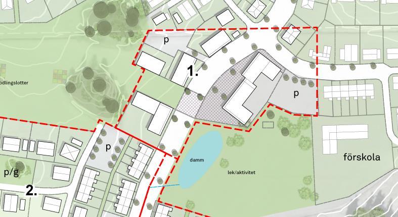 Gästparkeringar längs de större gatorna anläggs i sektioner med tre bilar i varje sektion där det mellan sektionerna planteras träd.