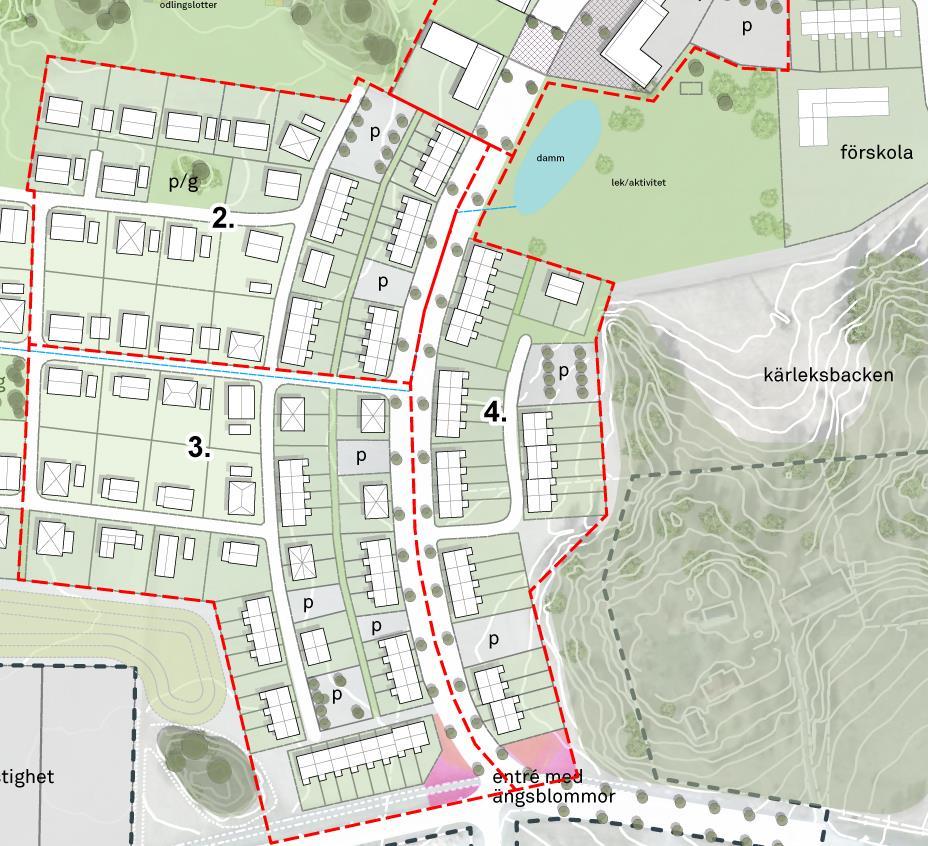 Område 1 utgörs av flerbostadshus i fyra våningar med indragen fjärde våning mot Vackerby allé.
