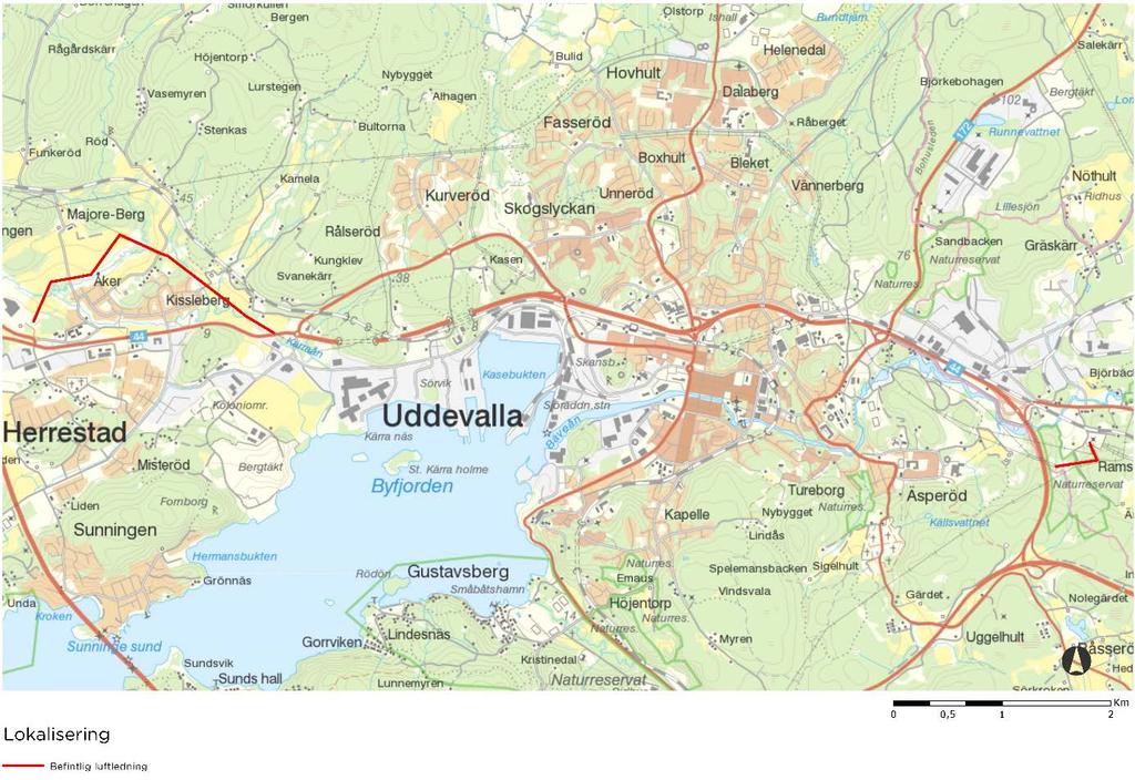 Figur 2. Ledningssträckornas lokalisering. 5.2 Naturmiljö Inom området för ledningen finns inga Riksintressen för naturvård eller Natura 2000-områden.