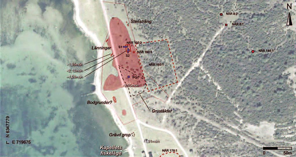 Medeltida kustbruk på Gotland 271 Fig. 5. Flygfoto över Kapellet med provgropar och metallkartering. Aerial photo with test pits, phosphate and metal mapping at Kapellet.