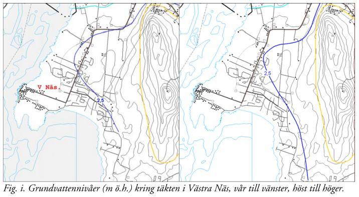 Figur 11 Simulerade grundvattennivåer i kalkstensmagasinet vid Västra Näs för två olika scenarier, vår respektive sensommar/höst (SGU, 2005).