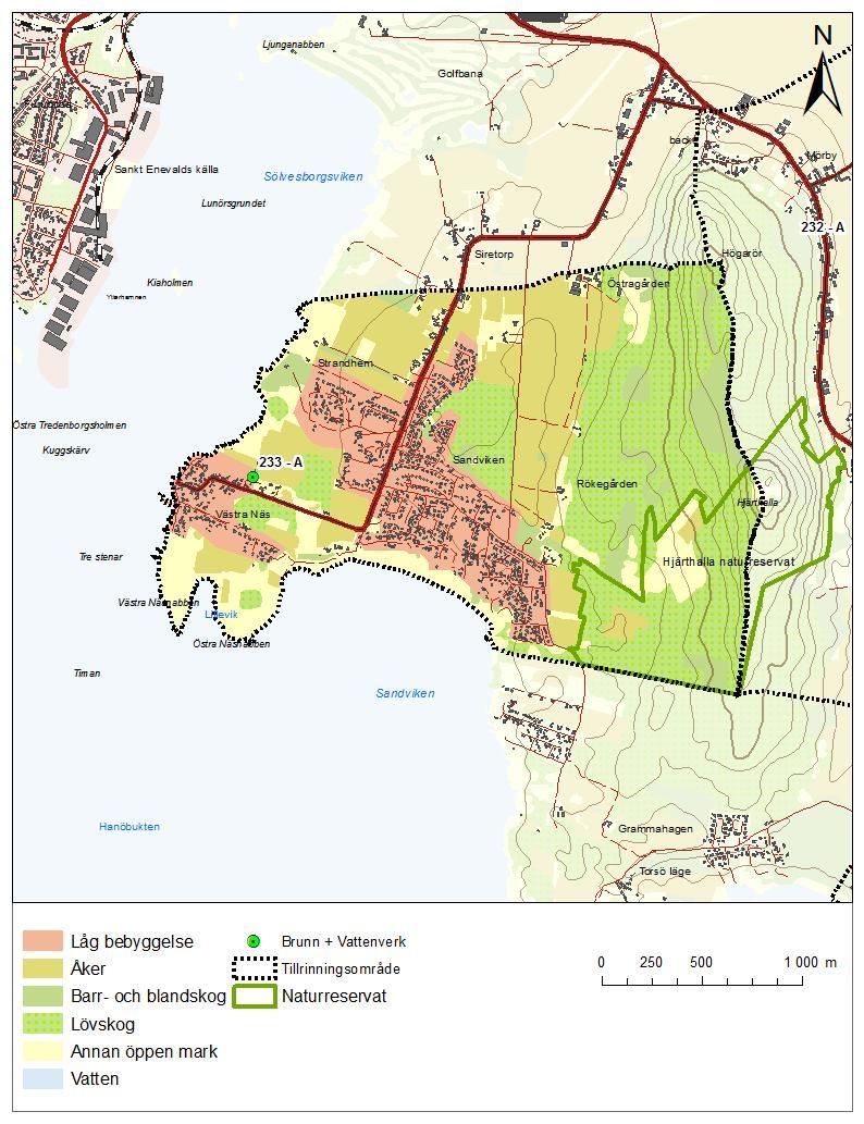 Figur 18 Markanvändning inom tillrinningsområdet. Tabell 4 Sammanställning över markanvändning inom tillrinningsområdet.