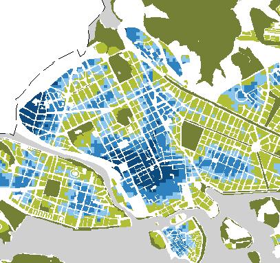 visar närheten till upplevelsevärden inom Norrmalms stadsdelsområde, där blå områden är bristområden för respektive värde.