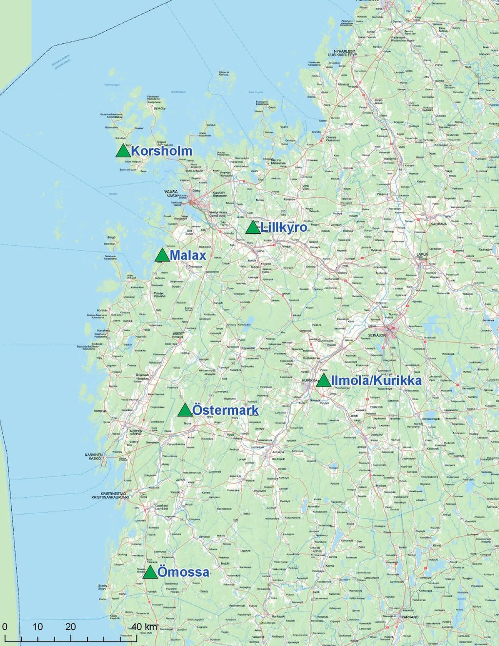 Figur 3-2. Områden där EPV Tuulivoima Oy utreder möjligheterna att bygga vindkraft i Österbotten.