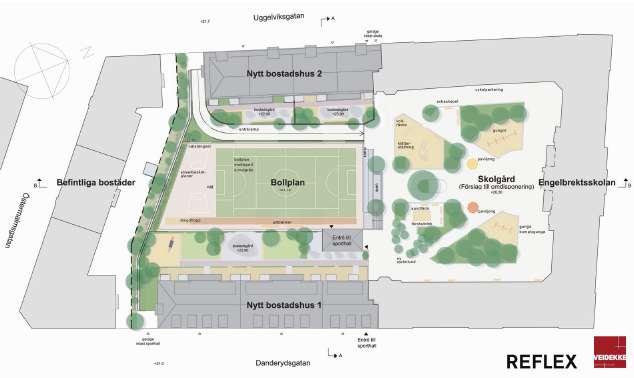 idrottshallen under skoltid nyttjas av skolan och under övrig tid av klubbar och allmänhet. Sporthallen markerar sig främst mot grannfastigheterna i söder i form av en granit klädd mur med växtlighet.