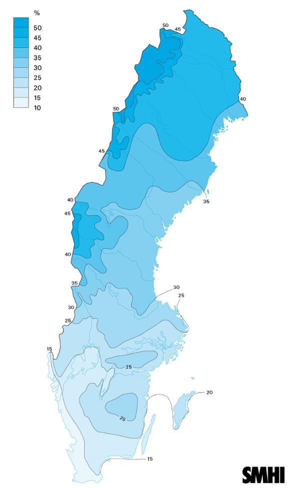 Figur 9. Klimatkarta som illustrerar andelen snö av årsnederbörden, medelvärde för den del av WMO definierade normalperioden 1961-1990, SMHI.