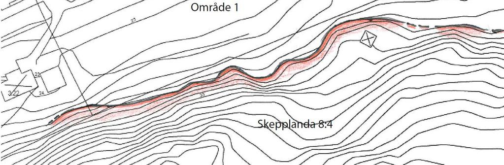 Bild 6 Bild 3 Bild 4 Bild 5 Bild 2 Område 1 - observerat berg i dagen är markerat med rött och släntfot är markerad med svart linje. 2.1.1 GEOLOGI I område 1 utgörs bergarten av finkornig-medelkorning grå-rödgrå gnejs.