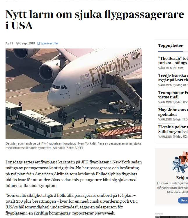 Flygplan sattes i karantän efter att passagerare känt sig sjuka med influensaliknande symtom.