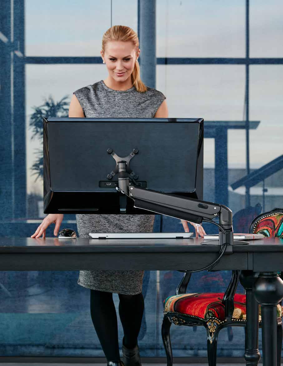 ZAP En stabil och mycket prisvärd monitorarm som ger en bra ergonomi och frigör yta på skrivbordet. iktspannet justeras med en mekanisk fjäder.