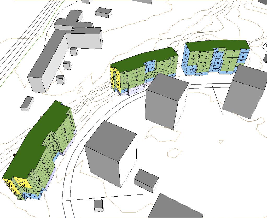 Högsta ljudtrycksnivå på något våningsplan, frifält Skala 1:1000 0 5 10 20 30 40 Väg Befintliga byggnader Planerad ny bebyggelse nvägen 59 52 57 5253 62 54 52 52 53 53 62 57 50 53 52 53 55 56 57 57