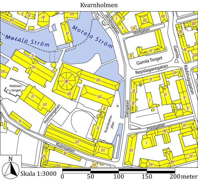 13.4 Kvarnholmen Kvarnholmen är området norr om Kvarngatans östra halva och var en gång en holme helt omgiven av vatten fram till dess att man fyllde igen den del av Strömmen som Kvarngatan går längs
