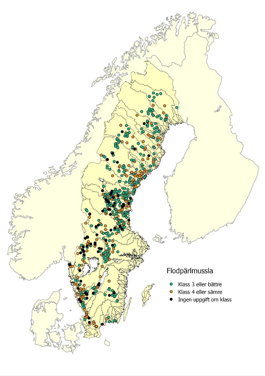 Figur 17. Flodpärlmusslan finns över hela Sverige men på flest platser i den norra landsänden.