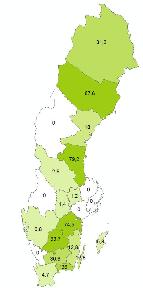 Figur 27. Andel vattenareal (sjö- och vattendragsyta) särskilt värdefull natur i procent, som länsstyrelsen anser har ett fullgott skydd. Medelvärdet för hela Sverige var 31 %.