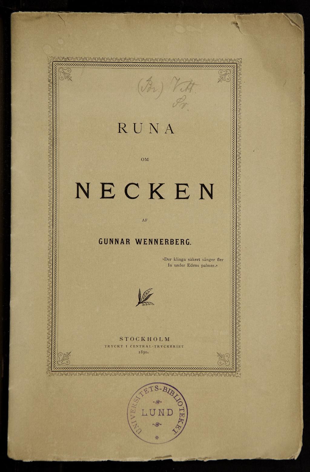 RUNA NECKEN GUNNAR WENNERBERG Der klinga säkert sånger fler In under Edens