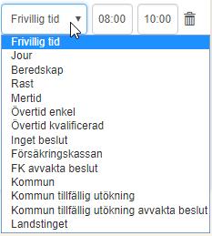 Listan anpassar sig beroende på vilken arbetstyp passet har. Om arbetstypen är en assistanstyp (se punktlistan ovanför) så visas alla sju tidstyper samt beslut.