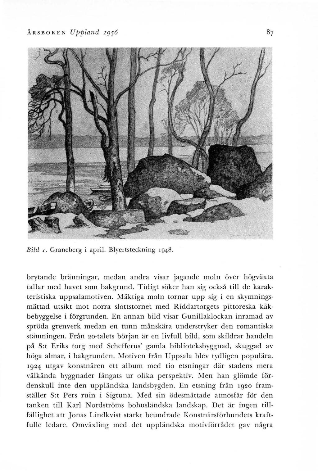 ÅRSBOKEN Uppland z956 Bild I. Graneberg i april. Blyertsteckning 1948. brytande bränningar, medan andra visar jagande moln över högväxta tallar med havet som bakgrund.