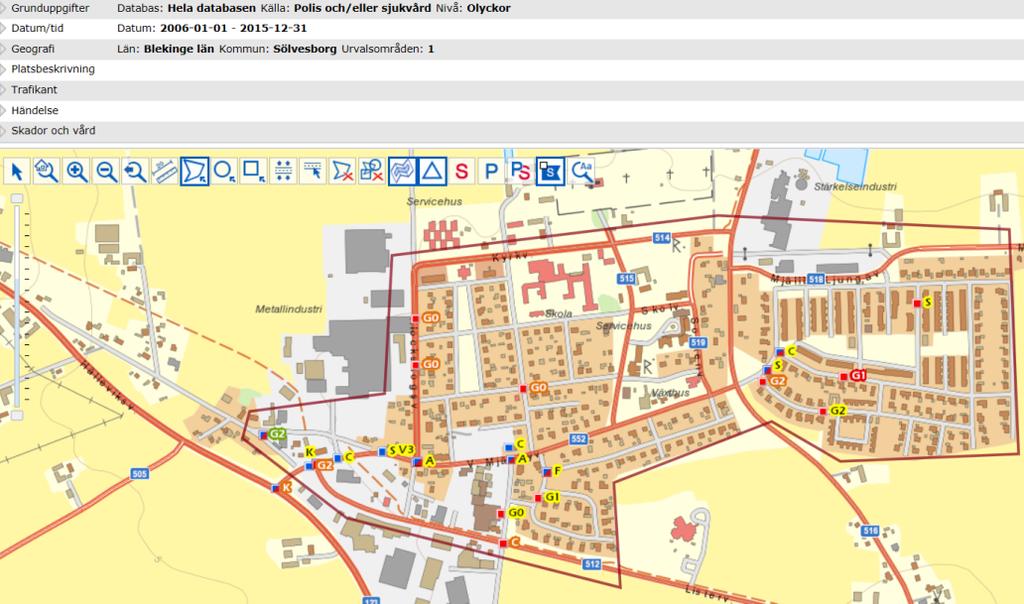 Trafiksäkerhet Olycksstatistik från polis- och sjukhusrapporterade olyckor registrerade i STRADA åren 2006-2015 visar att inom avgränsad område - se bild 3 nedan, har inträffat 26 trafikolyckor med