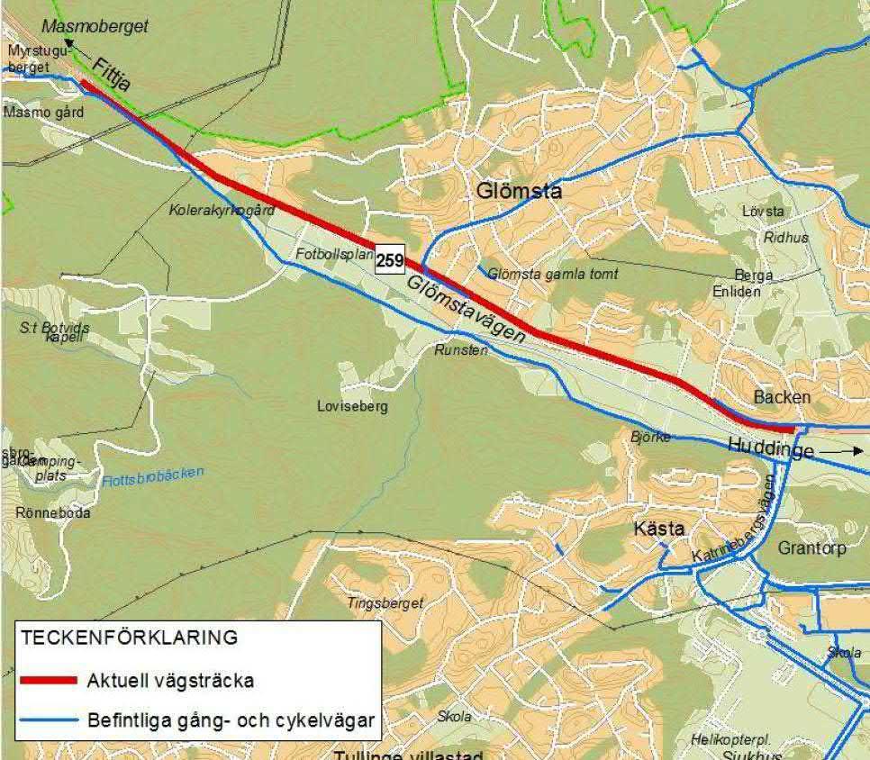 Figur 7. Avgränsning projekt utmed Glömstavägen; Masmovägen - Katrinebergsvägen.