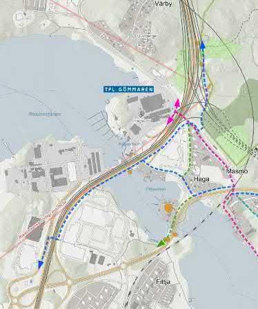 Mellan E4/E20 och Masmo tunnelbanestation har alternativa sträckningar för gång- och cykelvägen via Solhagavägen (rosa), via Botkyrkavägen och Botkyrka allé (grön) samt via Vårby allé (blå)