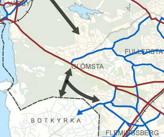 6.2 Flottsbro / Kästa 6.2.1 Förutsättningar Sträckan i Glömstadalen ligger inom Huddinge kommun. I kommunens cykelplan redovisas endast ett regionalt cykelstråk (rött) i dalen.