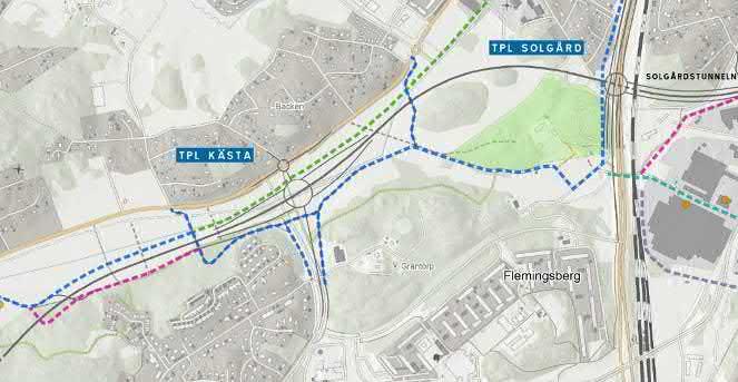 6.2.2 Studerade alternativ Figur 24 visar studerade alternativ för Tvärförbindelse Södertörns gång- och cykelväg mellan Flottsbro och Kästa. Figur 24. Alternativa sträckningar för gång- och cykelvägen i Glömstadalen.