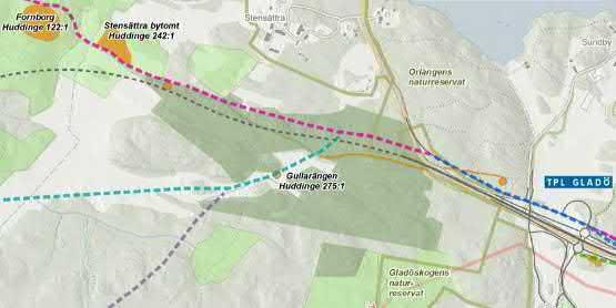 Figur 32. Utsnitt ur figur 28. Alternativen ansluter till befintlig gång- och cykelväg utmed Lännavägen i öster se alternativ i Figur 32.