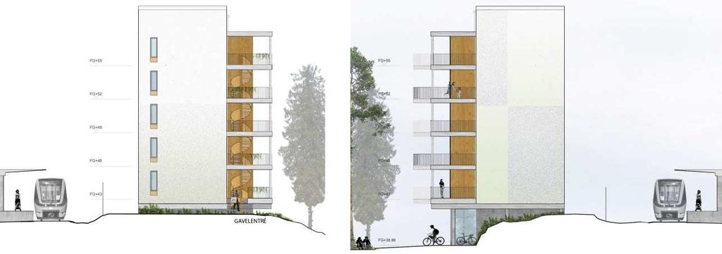 Den vinklade delen av huset anpassar sig till bebyggelsen kring Sirapsvägen och ramar in platsen där omkring. Genom att utföra byggnaden i en vinkel delas den långa volymen upp i två delar.