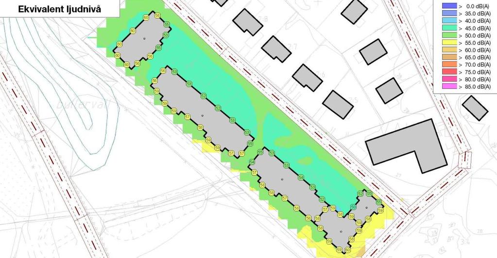 ljudkraven att kunna åstadkommas. Bostadsgården avskärmas varför samtliga lägenheter får tillgång till gemensam uteplats och gård med högst 55 db(a) ekvivalentnivå och 70dB(A) maximal nivå.