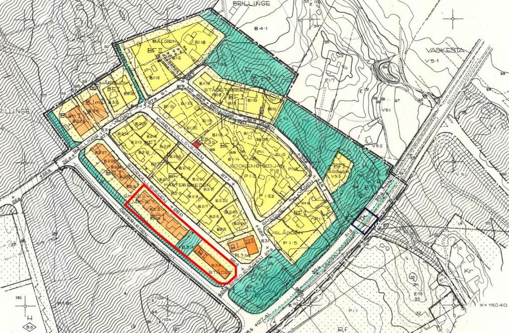 Bild 2: Gällande stadsplan, planområdet markerat med röd kantfärg. Stadsbild/ landskapsbild Planområdet ligger i utkanten av Brillingeområdet.
