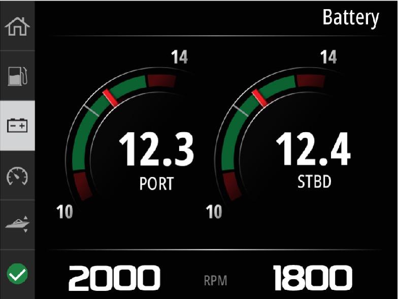 Avsnitt 3 - Val i huvudmenyn Batteri Skärmen Battery (batteri) visar batterispänningen i ett numeriskt värde samt som en röd indikator