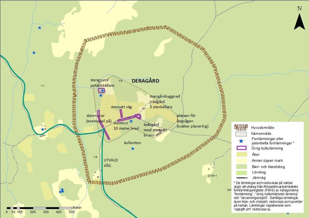 DERAGÅRD Klass 3 Skogslandets jordbruk: Stenbefriade åkrar, en av kommunens bredaste stenmurar (ca 10 meter), stensatt väg, stenrösen, stenkällare, grävd brunn, stor ladugård med utsmyckade detaljer.