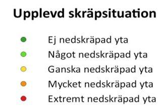 Kategori Skräp Fimp 0,32 E Plast 0,18 E Papper/Kartong 0,17 E Snus 0,09 F Organiskt 0,03 F Metall 0,02 G Glas - Annat - Fimp Plast Papper/Kartong Snus Organiskt Metall Glas Annat Totalt 0,81 D