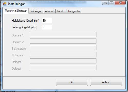 Starta EMP första gången, öppna programmet Klicka på Inställningar/Programinställningar/Matchinställningar Här anger du halvlekarnas längd i minuter samt förlängningstid i minuter. OBS!