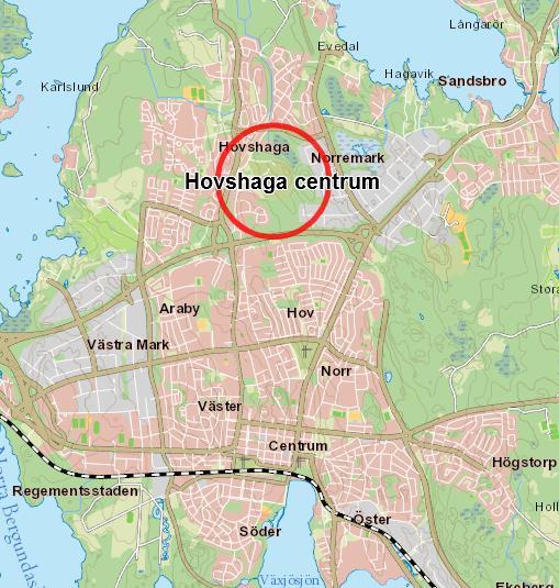 OM HOVSHAGA CENTRUM Stadsdelen Hovshaga ligger i den norra delen av Växjö. Läget är attraktivt med närhet till både stadskärnan med dess rika utbud och till Kronobergshalvöns vackra natur.