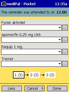 02: 1 tbl Madopark Depot 25mg 13.55: 1 kopp kaffe 14.10: 1 tbl Madopark Depot 25mg Agenda 1 missad påminnelse Status 16.