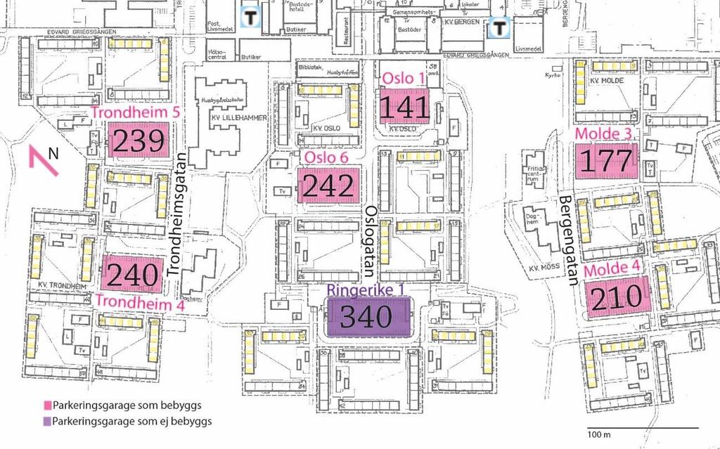 2.2 Befintlig situation När området byggdes var parkeringstalet 0,9-1,2 per lägenhet men tillbyggnader har gjorts sen dess. I utredningen behandlas totalt sju parkeringsgarage söder om centrum.