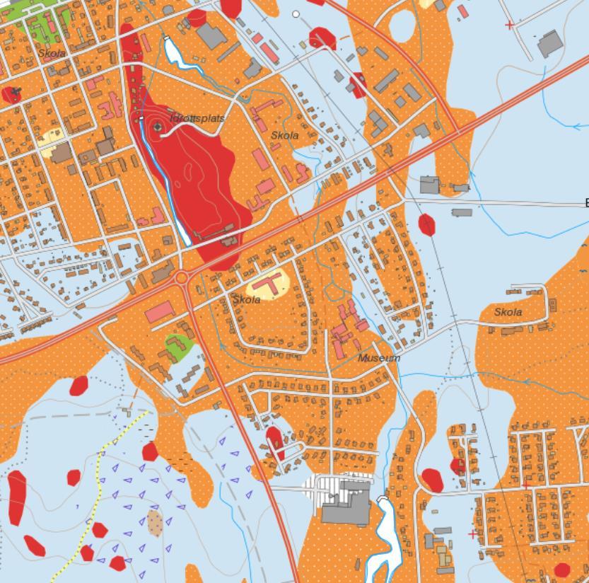 6 Figur 2.3 Urklipp ur SGU:s jordartskarta. Orangeprickiga områden utgör postglacial finsand, ljusblå om-råden utgörs av sandig morän, gröna områden av isälvssediment och röda områden av urberg.